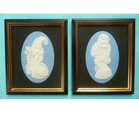 George Prince of Wales and Caroline Princess of Wales: a pair of Wedgwood blue jasperware oval portrait medallions each appli