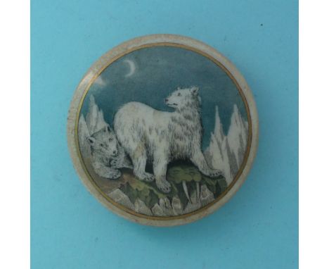 Polar Bears (18) with moon, gold line, 74mm, stained, with base (2) # prattware, potlid(s), pot lid(s), bears grease