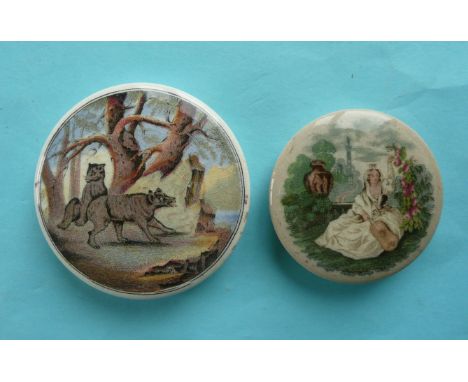 Bears on Rock (10) and Lady with Guitar (107) extra small with fine hairline crack, with base (3)# prattware, potlid(s), pot 