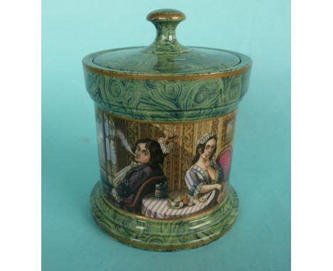 A malachite tobacco jar, cover and plunger: Passing the Pipe (404) 127mm, tiny glaze chips to rim also chip and hairline crac