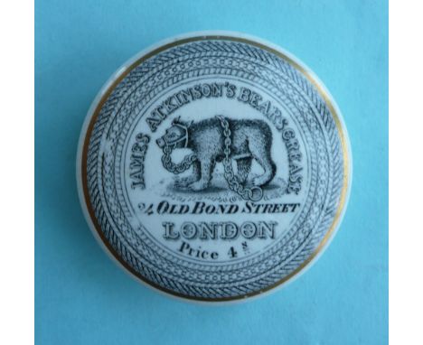 James Atkinson’s Bears Grease, 4s, gold line decoration, 69mm, a good example # prattware, potlid(s), pot lid(s), bears greas