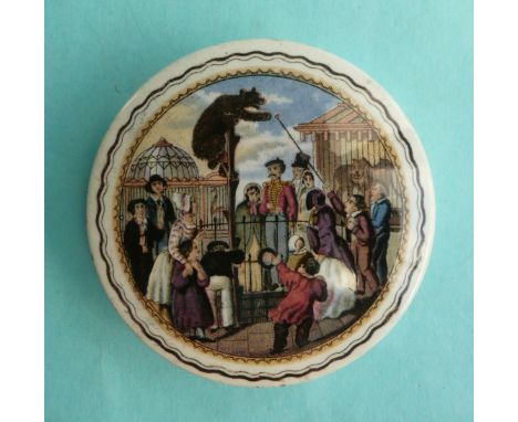 The Bear Pit (6) with dome, brown fancy border, 90mm # prattware, potlid(s), pot lid(s), bears grease