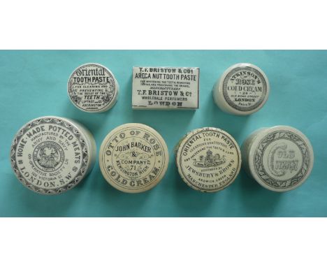 Four toothpaste lids, two cold cream lids and an Army and Navy meat lid, each with a base (14) # prattware, potlid(s), pot li