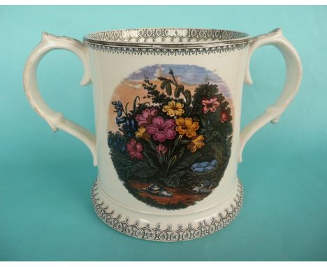 A large loving cup printed with flowers, animals and eggs, 200mm minor hairline crack to foot # prattware, potlid(s), pot lid
