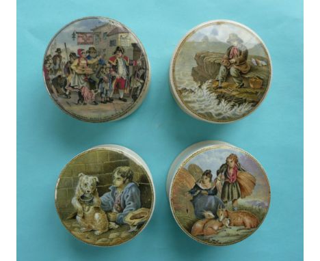 Parish Beadle (236) Begging Dog (270) Fisherboy (341) and Lady, Boy and Goats (316) each with a base (8) # prattware, potlid(