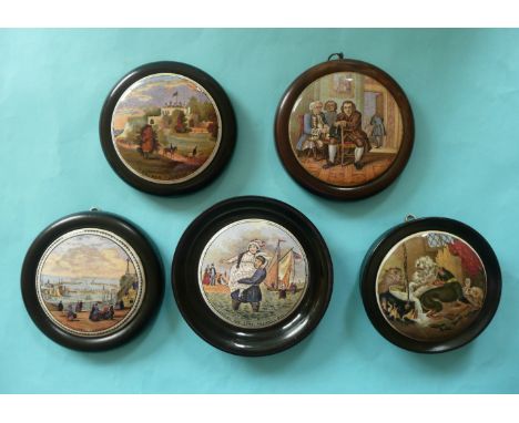 Walmer Castle (45) Ramsgate (42) Landing the Fare (38) and two others both cracked, each framed (5)# prattware, potlid(s), po