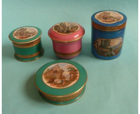 Two green trinket set lids and bases, both lids with restored chips, a blue cylindrical box and cover, restored and a pink tr