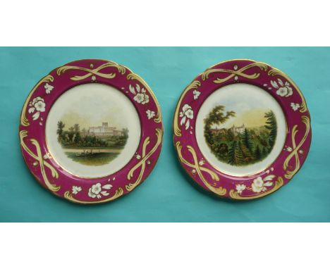 A pair of porcelain dessert plates: Trentham Hall (426) and Monastery at Alton Towers (427) buff and gilt scroll decorated cr