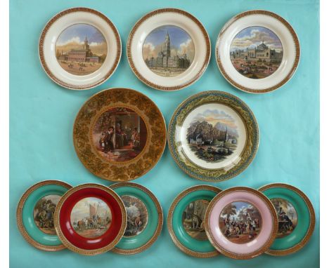 Plates: The Truant (334) oakleaf border with profuse gilt decoration, Tremadoc (430) green female border lined in blue and gi