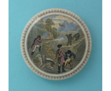 Shooting Bears (13) brown fancy border, 89mm # prattware, potlid(s), pot lid(s), bears grease