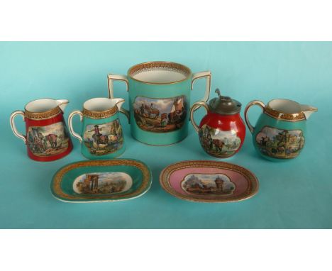 Two good small jugs, 83mm, a oviform jug, rim chip, an unusual mustard pot with hinged pewter cover, two pin trays and a lovi