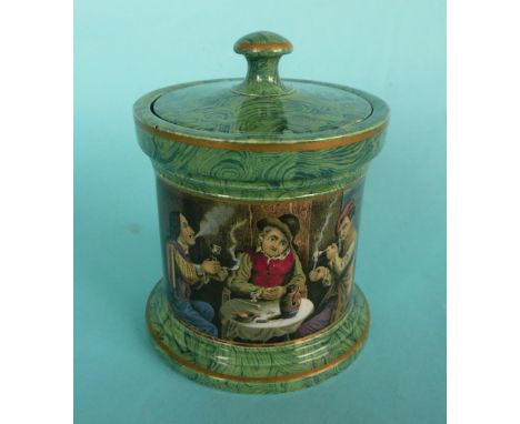A good malachite tobacco jar, cover and plunger: The Smokers (405) 122mm (3) # prattware, potlid(s), pot lid(s)