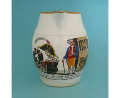 1803 Great Invasion Scare: a particularly amusing Spode barrel shaped pottery jug transfer printed in black and decorated in 