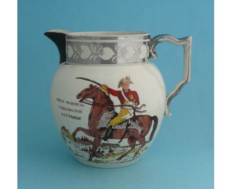 21st June 1813 Battle of Vittoria and Wellington: a silver resist jug printed in black and decorated in colours with an inscr