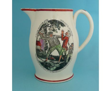1803 Great Invasion Scare: a creamware jug the bellied body printed in black and decorated in coloured enamels with an oval p