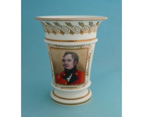 Duke of York: a trumpet shaped porcelain portrait vase, possibly by Spode, painted with a portrait and on the reverse spray o