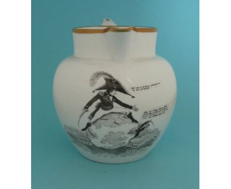 1803 Great Invasion Scare: a Spode jug printed in black with a scene entitled ‘A stoppage to a stride over the globe’, the ri