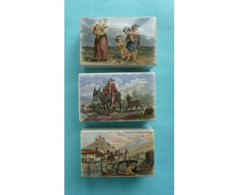 A Seashore Study (393) The Donkey’s Foal (396) and Tyrolese Village Scene (397) each with a base (6) # prattware, potlid(s), 