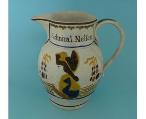 Nelson and Berry: a Prattware jug moulded with named portraits and decorated in a typical palette, circa 1798, 182mm, small c