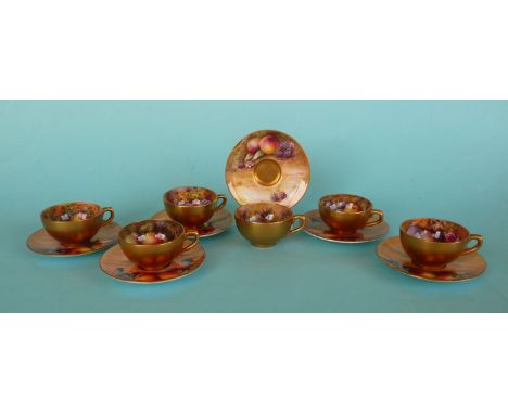 A good Royal Worcester miniature tea set comprising six cups and saucers each well painted with fruits signed by a variety of