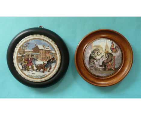 Alas! Poor Bruin (1) fancy border, Bear Lion and Cock (19) both framed (2) # prattware, potlid(s), pot lid(s)