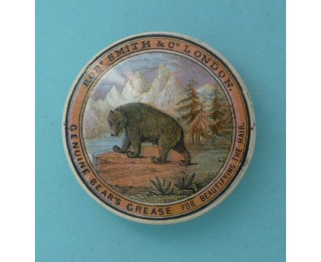 The Prowling Bear (5) 73mm, bull nose restored in places # prattware, potlid(s), pot lid(s), bears grease
