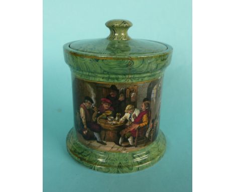 A malachite tobacco jar, cover and plunger: Jolly Topers (406) body and cover repaired (3) # prattware, potlid(s), pot lid(s)