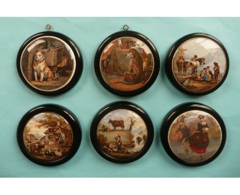 Red Bull Inn (359) medium, The Waterfall (365) The Skaters (258) and three figural lids, each with matching frame (6) # pratt
