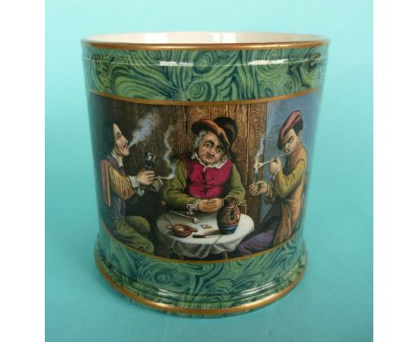A good cylindrical malachite mug with moulded foot and rim: The Smokers (405) # prattware, potlid(s), pot lid(s)