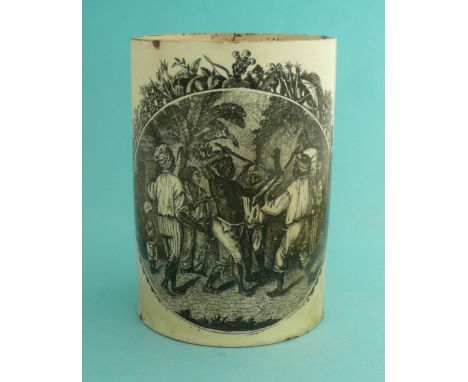 Anti-Slavery: a creamware cylindrical tankard printed in black with a scene of a cudgelling (stick fighting) match between tw