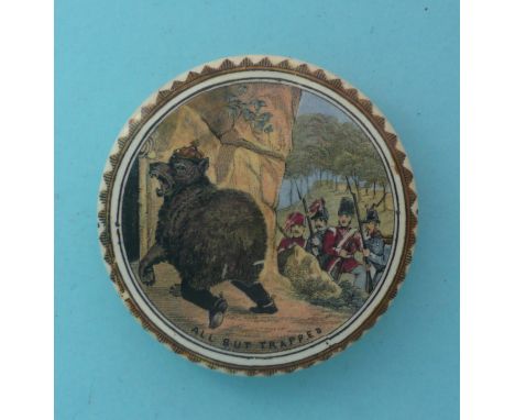 All But Trapped (20) 84mm, restored chip to edge at eleven o’clock above tip of crown # prattware, potlid(s), pot lid(s), bea