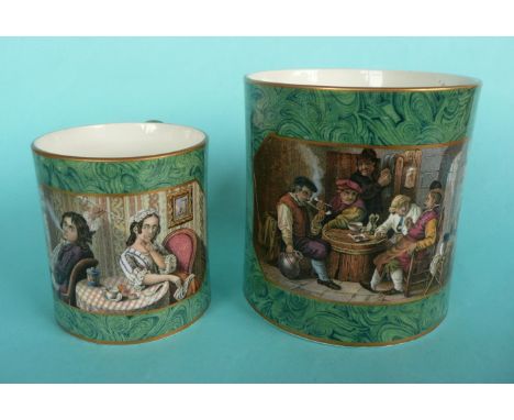 Two good malachite mugs: Passing the Pipe (404) 92mm and The Jolly Topers (406) 122mm (2)# prattware, potlid(s), pot lid(s)