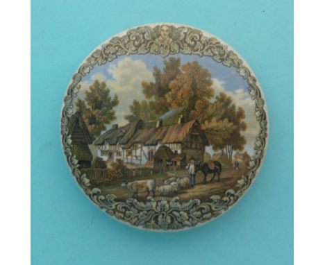 Anne Hathaway’s Cottage (228) leaf and scroll decoration, 101mm, fine hairline crack # prattware, potlid(s), pot lid(s)