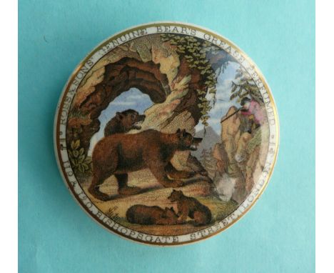 Bear Hunting (4) 119 & 120, gold line, 75mm # prattware, potlid(s), pot lid(s), bears grease