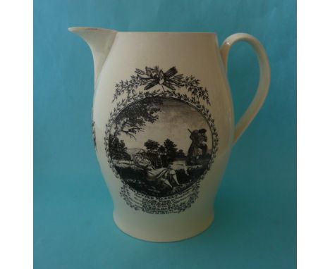 1800 Great Britain and Ireland Act of Union: a creamware jug the bellied body printed in black with a panel entitled ‘The Lit