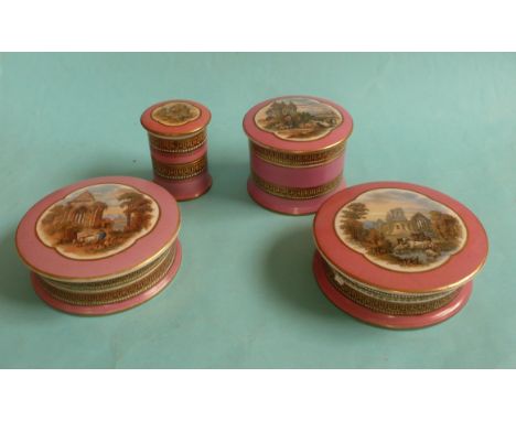 Pink trinket set lids and bases: Medieval Mansion (374) Ruined Chancel (376) base chipped, Watering Cattle (377) base chipped