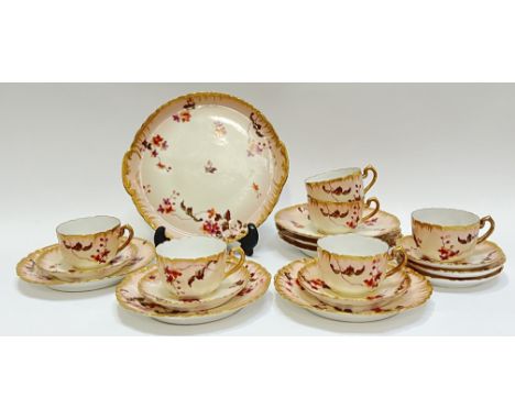 A Limoges GFH GDM French part tea service with autumnal flowers transfer printed design against a gilt blush ground, comprisi