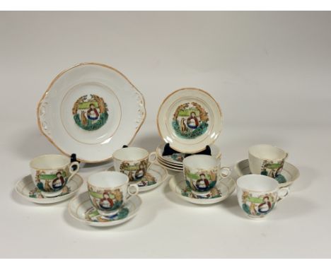 A 19thc R &amp; C part tea service decorated with Red Riding hood to centre and orange rim comprising&nbsp; five teacups, a s