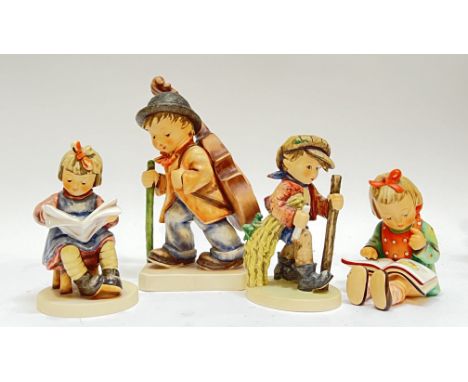 A group of Goebel Hummel figurines comprising 'What's New?' (418), 'Little Cellist' (marked verso, 89/II, h- 21cm), 'Secret P