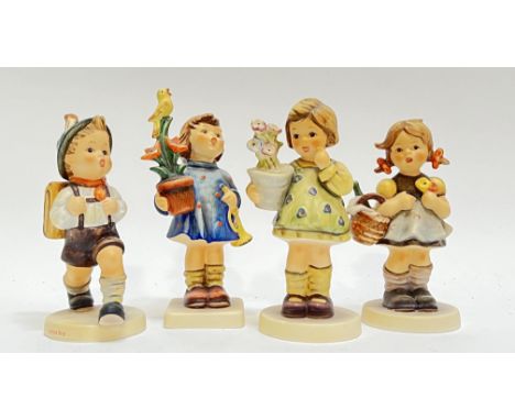 Four Goebel Hummel figurines comprising 'Little Visitor' (marked verso, 563/0, h- 13cm), 'School Boy' (82/0), 'Congratulation