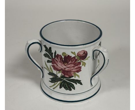 A Villeroy &amp; Boch of Dresden large china three handled tyg decorated in the Wemyss style with pink tea roses and leaf des