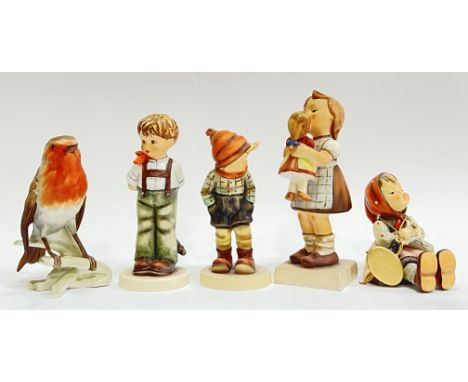 A group of Goebel Hummel figurines comprising 'I didn't Do It' (625), 'March Winds' (43), a figure of a young girl carrying i