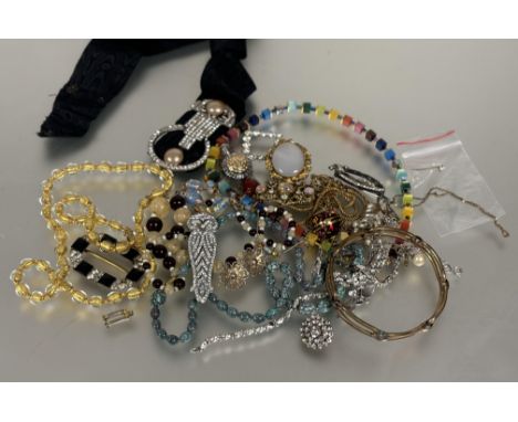 A collection of costume and paste set jewellery to include an Art Deco belt , Swiss pendant enamel ball fob watch on chain, g
