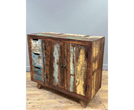 A hardwood reclaimed chest with rustic painted finish fitted two doors with fitted interior shelf and a bank of three drawers