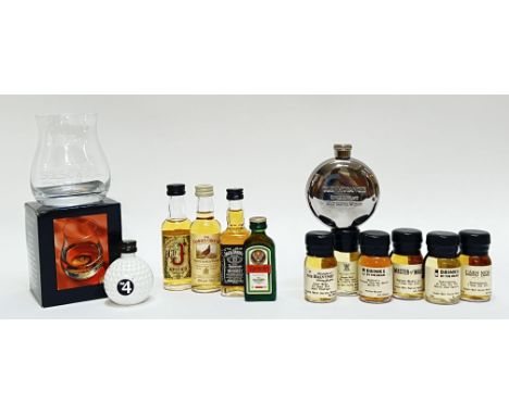 A group of whisky miniatures including Famous Grouse, Jack Daniels, six 'Drinks by the Dram' whisky jars (Balvenie, Carn Mor 