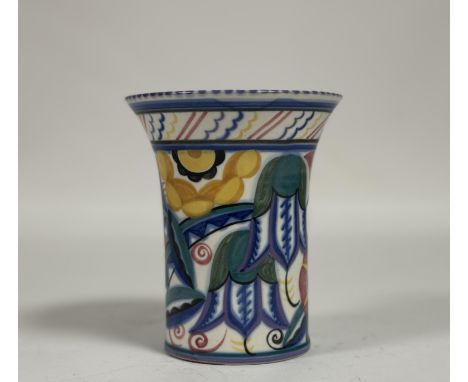 A 1920s -30s Poole pottery flared cylinder vase decorated with stylized leaf and flower design in polychrome enamels impresse