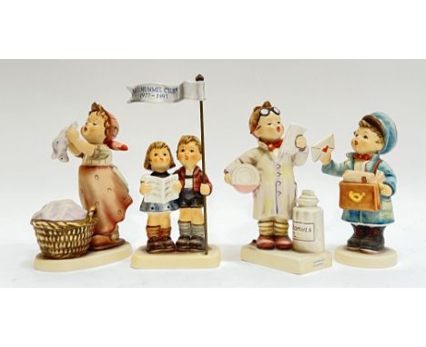 A group of Goebel Hummel figurines comprising 'Wash Day' (marked verso, 321, h- 14.5cm), 'Celebrate with Song' (1997 Hummel C
