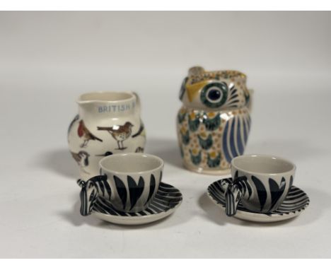 A Emma Bridgewater 25 Years Birds milk jug H x 10.5cm, a Mexican pottery owl jug with hand pained design H x 13cm and a pair 