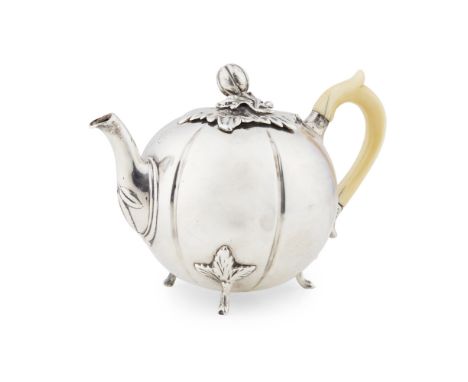 An early Victorian small teapotJ S Hunt, London circa 1830, of pumpkin shape, the hinged leaf cover with pumpkin finial, to a