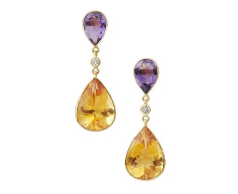 A pair of multi-gem set pendant earringseach collet set with a pear cut amethyst suspending a larger pear cut citrine, with a